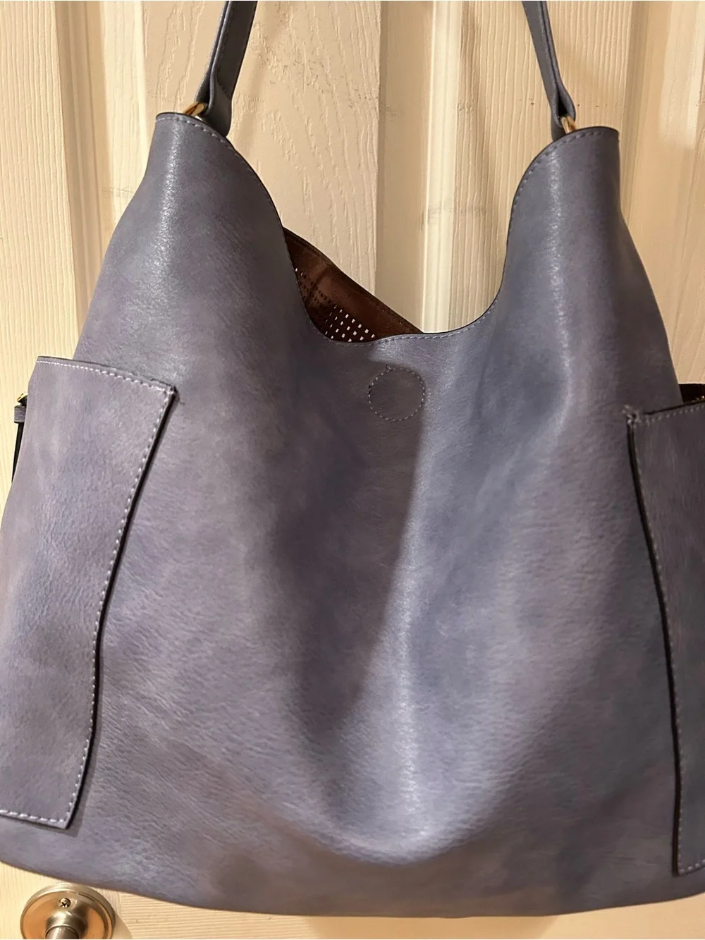 Le Miel Vegan Perforated Leather Hobo Top Handle Tote 11” deep Ocean Blue